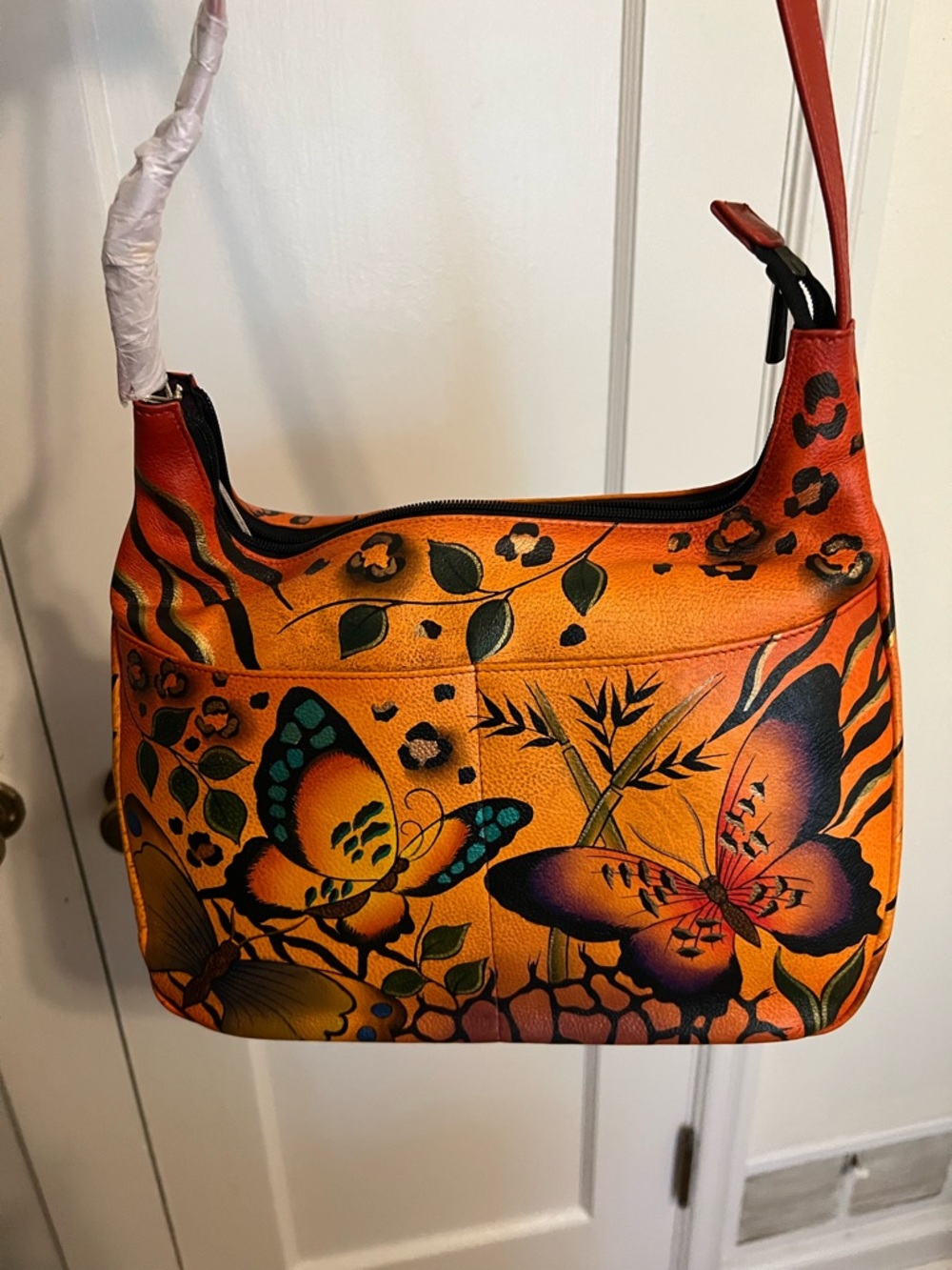 NWT Anuschka Hand-Painted Orange Butterfly Shoulder Bag